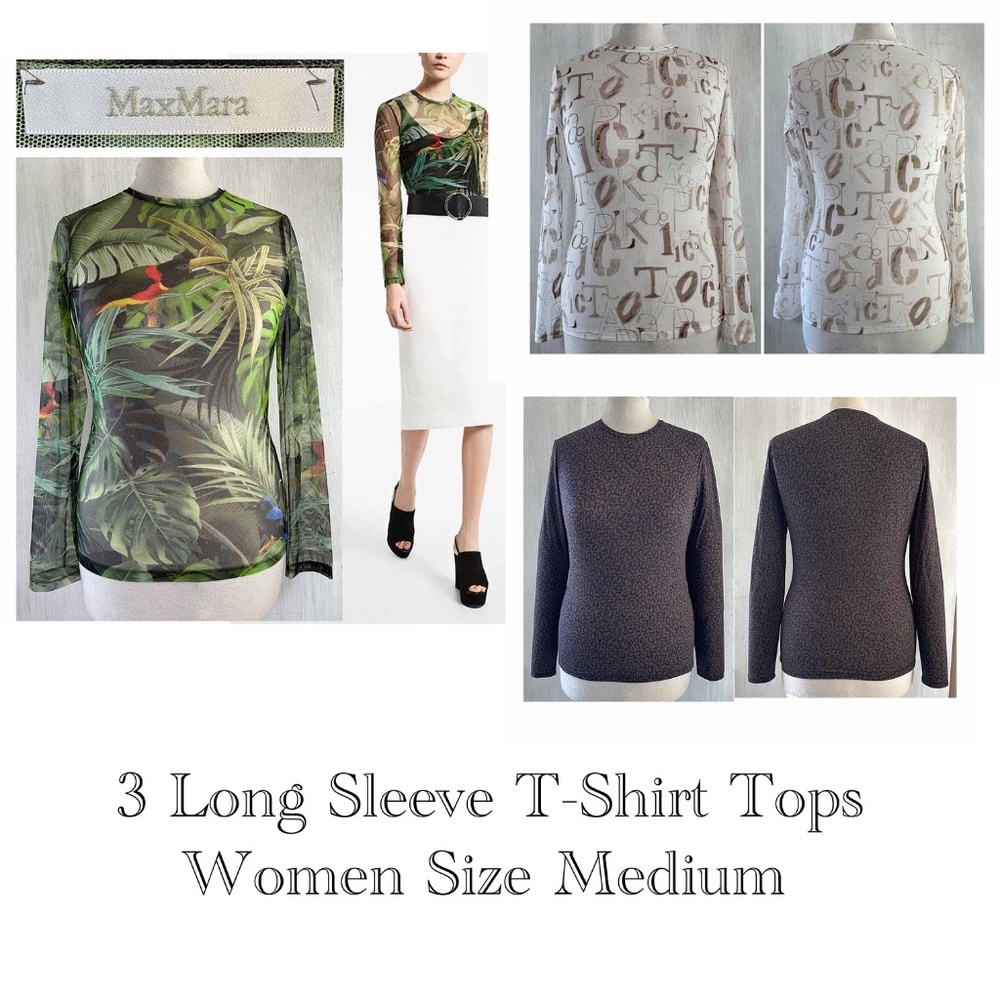 MaxMara Women Medium 3 Long Sleeve T-Shirt Tops / Tropical - Letters - Leopard